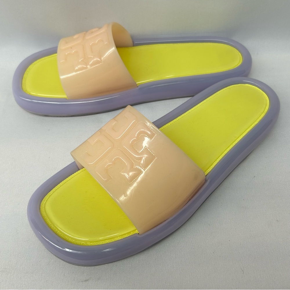 Tory Burch Slides Slip On Sandals Pastel Peach Yellow Footbed Lavender Sole 11